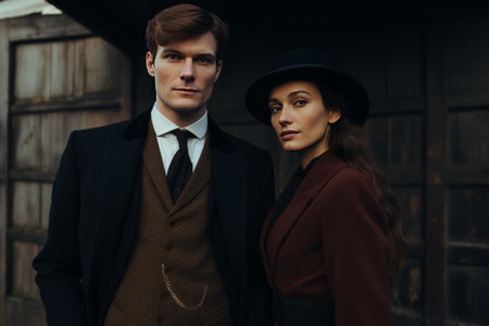 Stylish Man in Brown Suit Poses with Elegant Woman in Black Coatの素材