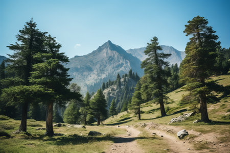 Serenity Engulfed: Majestic Green Pine Trees Nestled Beneath a Pristine Blue Skyの素材