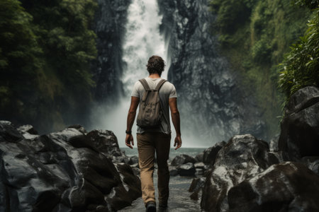Captivating Landscape: A Man Embracing Nature Near Majestic Waterfallsの素材