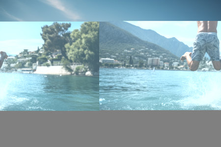 Blue Shorts Daredevil Defying Gravity: Mesmerizing Back Flip Stunt Over Waterの素材