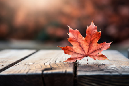 Natures Resting Beauty: A Maple Leaf Crowned on a Brown Wooden Bench - AR 3:2の素材