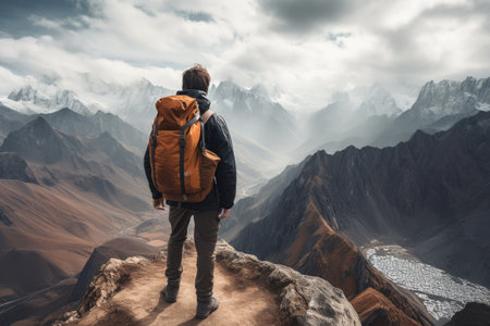 Journey Through The Majestic Mountains: A Man With Gray Backpackの素材