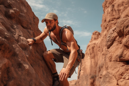 Unstoppable: Rock Climber Conquers New Heights in Black Tank Top and Brown Shortsの素材