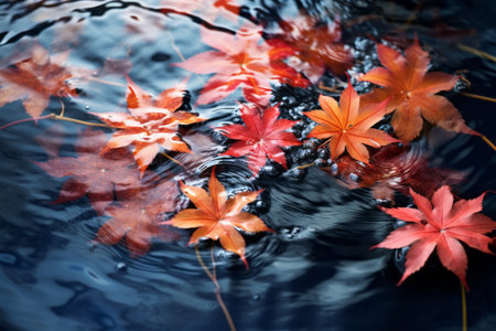 Captivating Autumn Scene: Maple Leaves gracefully resting on Water--AR 3:2の素材