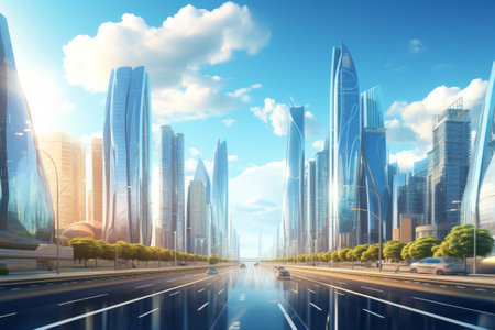 Unveiling the Architectural Marvels: Sunlit Modern Skyscrapers and Highways in the Contemporary Cityの素材