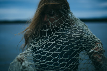 Enchanting Beauty: Mesh Fishtail Net Cascading Near Tranquil Waters --ar 3:2の素材