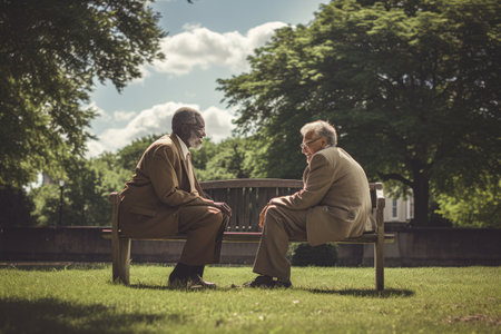 A Candid Conversation: Men Engage in Lively Debate at the Park - AR 3:2の素材