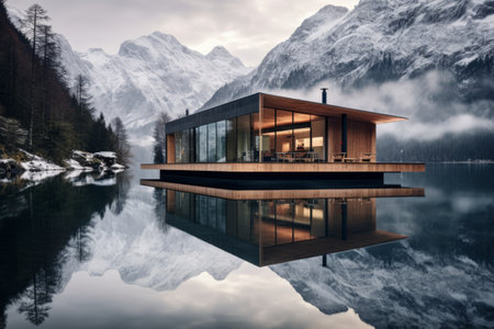 Serene Reflections: A Wooden House Amidst Mirror Lake, Embracing Majestic Mountain Rangesの素材