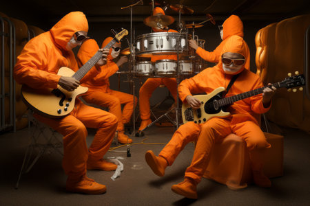 Talented Musicians Unveil Their Vibrant Melodies: The Men in Orange Costumes â AR 3:2の素材