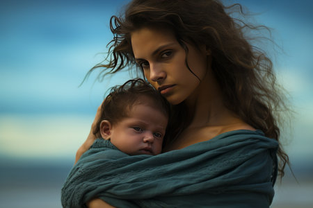 Oceanic Bliss: A Mothers Tender Embrace at the Beachの素材