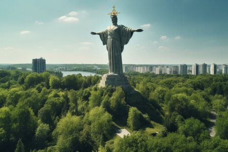 Capturing the Majesty of Motherland Monument amidst Serene Greenery on Kievs Embankment - AR 3:2の素材