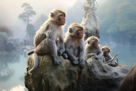 Mesmerizing Monkeys Perched on a Scenic Rock Formation --ar 3:2の素材