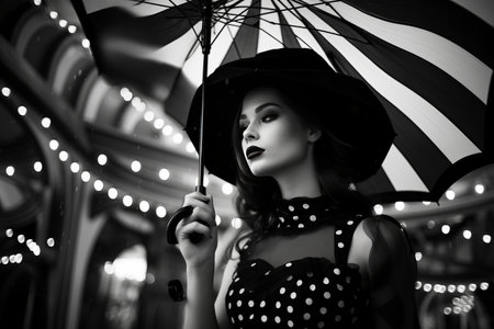 Captivating Monochrome Portrait: Woman Gracefully Holding Umbrella --ar 3:2の素材