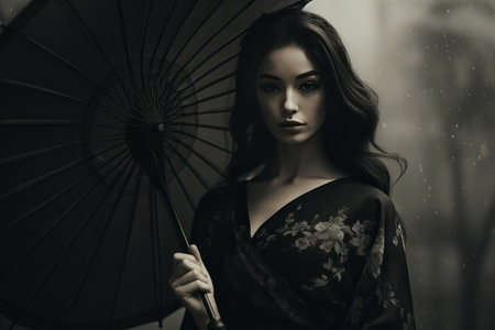 Enigmatic Elegance: A Monochrome Portrait of a Woman with Umbrellaの素材