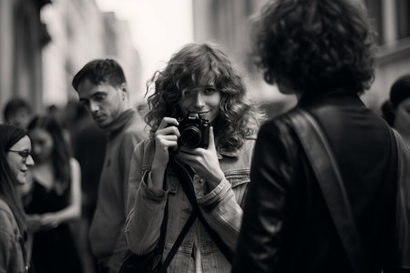 Capturing the Essence: Monochrome Photography of a Photographer Immortalizing a Woman - AR 3:2の素材
