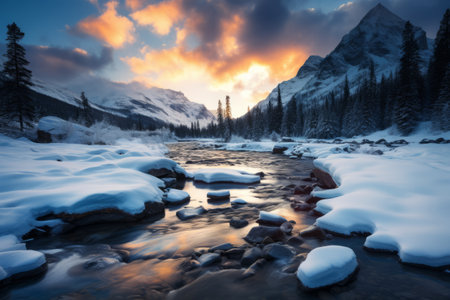 Frozen Serenity: The Enchanting Mountain River Beneath a Cloudy Skyの素材
