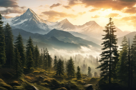 Glorious Dawn: Captivating Mountains and Trees in Sunrises Serene Embrace (AR 3:2)の素材