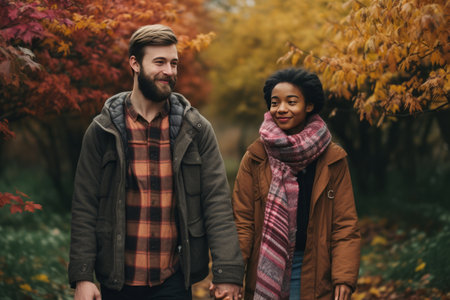 Love Transcending Boundaries: A Multiethnic Couple Uniting in a Parkの素材