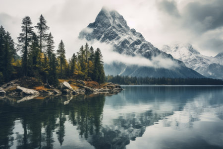 Unveiling the Majestic Harmony: A Captivating 3:2 Portrait of Mountain and Lakeの素材