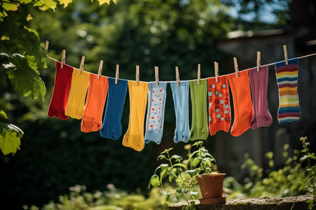 Garden Splendor: A Vibrant Array of Multicolored Socks Adorning the Clotheslineの素材