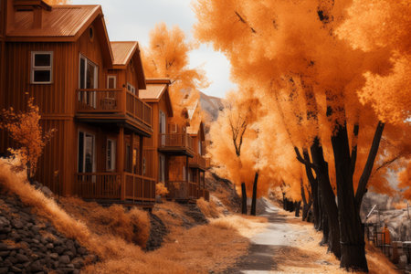 Autumn Palette: Vibrant Orange Leafed Trees and Cozy Brown Houses in AR 3:2の素材
