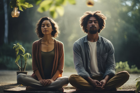 Serenity in Diversity: Multiethnic Couple Find Inner Peace Meditating Together in Parkの素材
