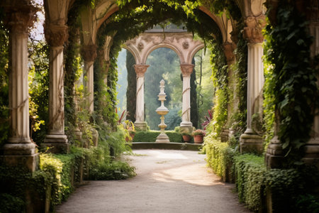 Enchanting Garden Oasis: Discover the Majestic Pathway Adorned with Vintage Columns and Lush Greenerの素材