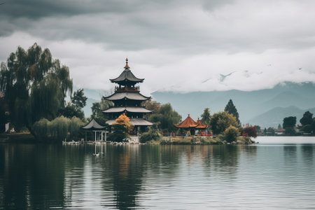 Majestic Pagoda: A Serene Temple Overlooking a Scenic Lake Amidst a Cloudy Skyの素材