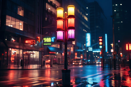 Vibrant Neon Lamps Illuminate Night City with Traffic LightsâAR 3:2の素材