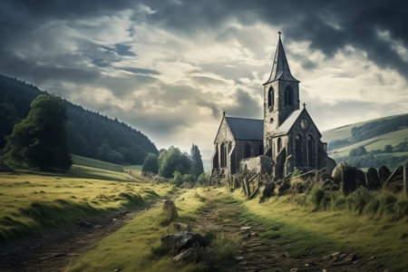 The Majestic Beauty of the Old Stone Cathedral in the Countrysideの素材
