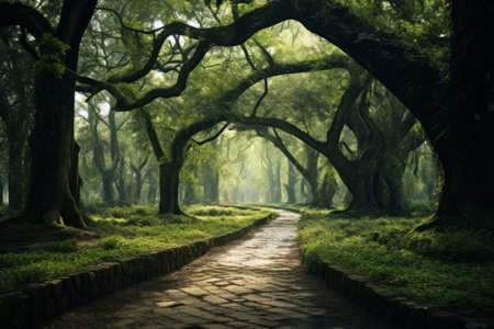 Embracing Natures Splendor: Journey through the Misty Pathway Between Green Leafed Trees --ar 3:2の素材