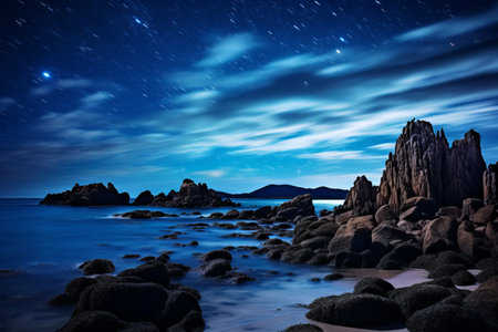 Starry Night Illuminates Majestic Ocean with Rock Formationの素材
