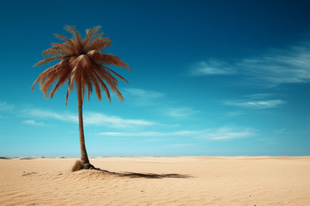 Serene Coastal Majesty: A Palm Tree Silhouetted Against a Pristine Blue Sky on Brown Sand - Artisticの素材