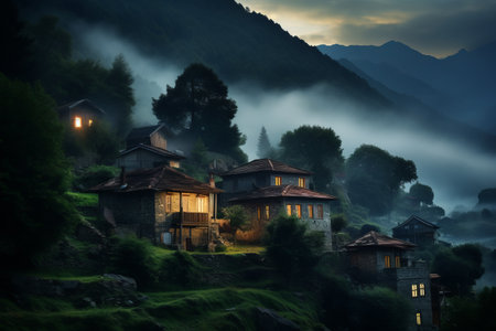 Mystical Charm: Vintage Homes Gracing the Foggy Mountain amidst a Verdant Hillside at Duskの素材