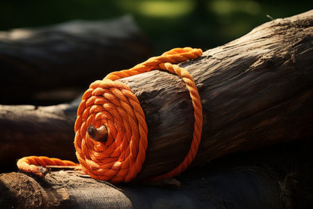 Tactile Craftsmanship: The Artistry of an Orange Rope-Wrapped Brown Wood Logの素材