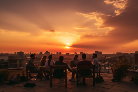 Captivating Sunset Views: Serene Moments of People Gathering on Rooftopの素材