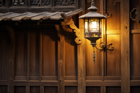 Mystical Illumination: Enchanting Oriental Wooden House Facade Under the Streetlightの素材