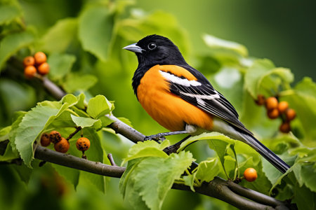 A Vibrant Encounter: The Majestic Orange and Black Bird Perching on a Tree Branch --ar 3:2の素材