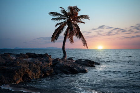 Tranquil Oasis: Captivating Palm Tree Reflections by the Water - AR 3:2の素材