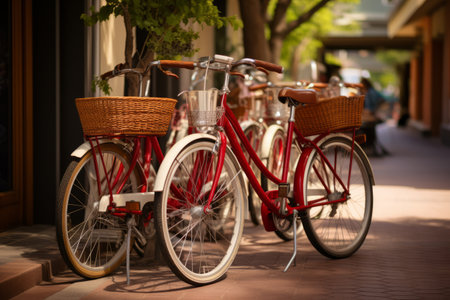 Vibrant Rows: Parked Red and White Bicyclesの素材
