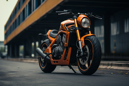 Vibrant Orange Motorcycle Roaring Down a Gray Concrete Roadの素材