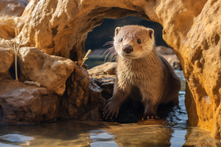 Majestic Otter: Defiantly Guarding its Rocky Cave Entrance - AR 3:2の素材