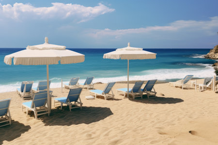 Serenity Unveiled: Coastal Bliss with Opened Parasols and Sunbeds on Sandy Shoresの素材