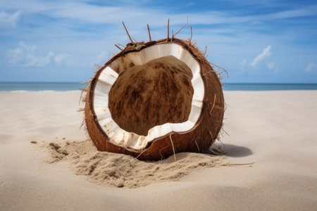 A Tropical Delight: Unveiling the Opened Coconut on Sands - AR 3:2の素材