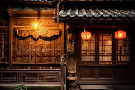 Enchanting Oriental Elegance: Streetlit Wooden House Facade in AR 3:2の素材