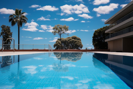 Captivating Serenity: Outdoors Swimming Pool Mirroring Clear Blue Sky in Striking 3:2 Aspect Ratioの素材