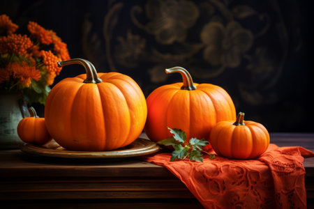 Vibrant Orange Pumpkins Adorn Table in a 3:2 Perspectiveの素材