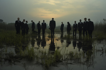 The Elegant Enigma: Men in Black Suits on the Wetlandの素材
