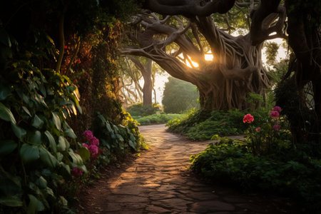 Natures Enchanting Corridor: The Pathway Between Trees and Plantsの素材