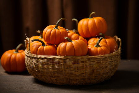 A Rustic Fall Display: Vibrant Orange Pumpkins in a Brown Woven Basket [AR 3:2]の素材